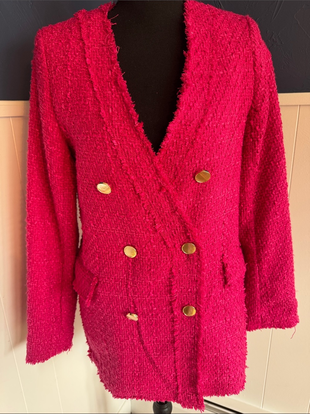 Rachel Zoe Hot Pink Bouclé Double-Breasted Blazer with Gold Buttons